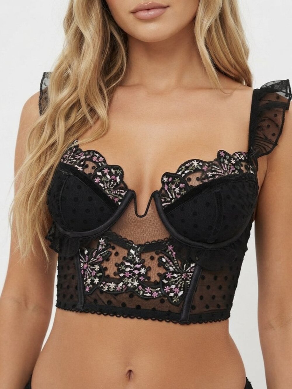 New! For Love & Lemons Black Polka Caprice Ruffle Corset Top 34DD 34288